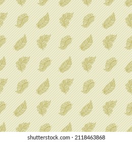 Seamless pattern with lacy feathers. Golden yellow leaves on a light striped background. Infinitely continuing texture for fabrics, textiles, pillows, bedding, wrapping paper. Vector illustration.