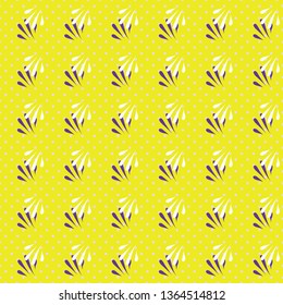 Seamless pattern with lacy leaves and polka dots in geometric layout. Vector illustration in shades of lilac, yellow, balck and white. Designed for home decor, fashion fabric, wallpaper, scrapbooking,