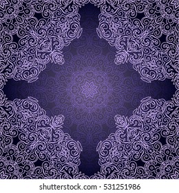 Seamless pattern with Lacy mandala in the Indian style. Bohemian ornament. Royal purple circle tracery. Unique template for design or backdrop.