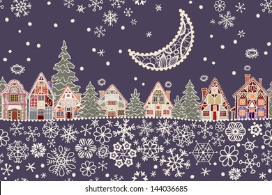 Seamless pattern. Lacy moon above night christmas city. Xmas, New year greeting card. Vector illustration.