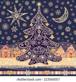 Seamless pattern with lacy moon, star and xmas tree. Christmas background, greeting card. Vector illustration.
