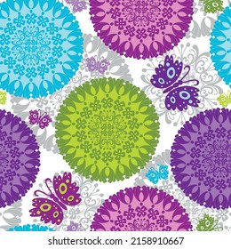 Seamless pattern with lacy multi-colored circles and butterflies. Vector eps 10