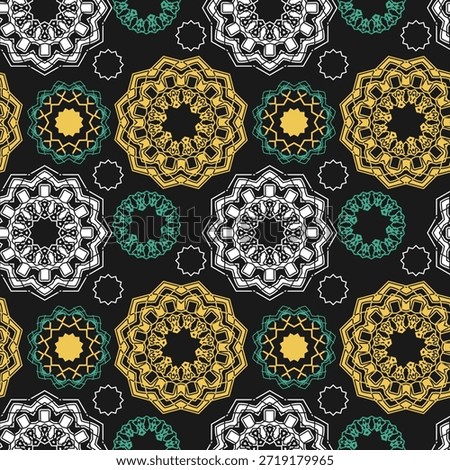 Seamless pattern with lacy multicolored mandalas and other decorative elements. Vector illustration