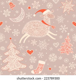 Seamless pattern with lacy sheep, xmas tree, moon, stars, bell and snowflakes .Christmas background, greeting card. Vector illustration.
