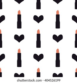 Seamless pattern of ladies icon. Black simple heart and lipstick. Women's accessories. Fashion beauty illustration in vector