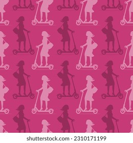 Seamless pattern with ladies riding electric scooters.