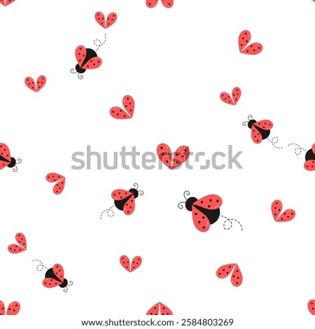 Seamless pattern with lady bird cartoons and red hearts on white background vector.