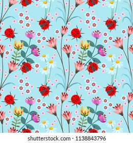 seamless pattern with lady bug and flower vector illustration can use for fabric textile wallpaper wrapping paper.