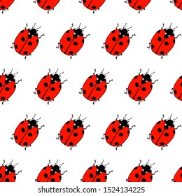 Seamless pattern from lady bugs. Doodle sketch. Colorful outline on white background. Picture can be used in greeting cards, posters, flyers, banners, logo, botanical design etc. Vector illustration