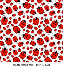 Seamless pattern from lady bugs. Doodle sketch. Colorful outline on white background. Picture can be used in greeting cards, posters, flyers, banners, logo, botanical design etc. Vector illustration