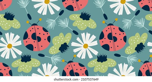 Seamless pattern ladybird and chamomile in scandinavian style. Nordic spring for kids textile. Summer floral scandinavian nursery print design. Ladybug with chamomile and dandelion flowers