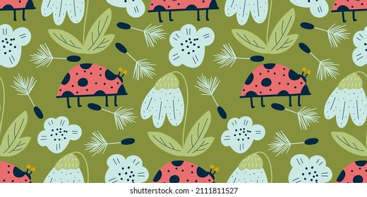 Seamless pattern ladybird and chamomile in scandinavian style. Nordic spring for kids textile. Summer floral scandinavian nursery print design. Ladybug with snowdrop and dandelion flowers.