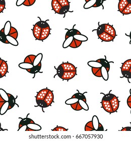 Seamless pattern with ladybirds and beetles on white background