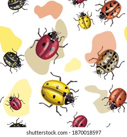Patrón sin foco de las aves de corral de diferentes colores y puntos abstractos. Ilustración vectorial de material aislada en fondo blanco.