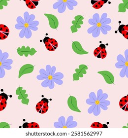 seamless pattern with ladybirds and flowers.