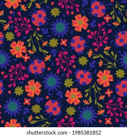 Seamless pattern with ladybirds and flowers. Vector graphics.