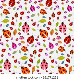 Seamless Pattern with Ladybirds and Leaves 