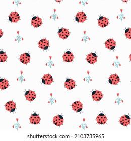 Seamless pattern with ladybug and botanical elements. Vector pattern in cartoon style. For fashion, fabric, wallpaper and all prints on a white background