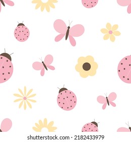Seamless pattern ladybug butterflies flowers vector illustration