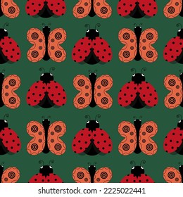 Seamless pattern with ladybug and butterfly on green background. Set with butterflies and ladybird. Collection of summer insects. Design wallpaper print for children room. Wrapping paper with beetle. 