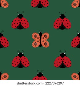 Seamless pattern with ladybug and butterfly on green background. Set with butterflies and ladybird. Collection of summer insects. Design wallpaper print for children room. Wrapping paper with beetle. 