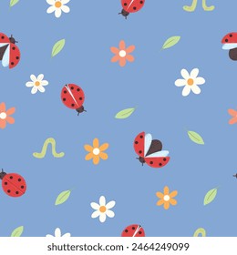 seamless pattern of ladybug, caterpillar, leaf and flowers on a blue background