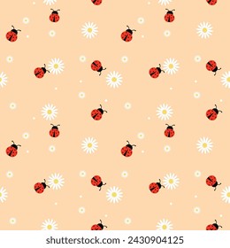 Seamless pattern  ladybug with chamomile. Vector illustration ladybird, flat style. Floral background with insect. 