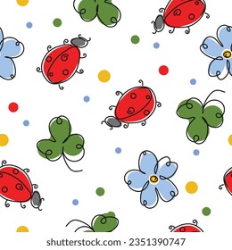 Seamless pattern with ladybug clover and flowers on a white background.Vector