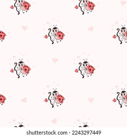 Seamless pattern with ladybug. Cute Amur insect ladybird on white background with hearts. Vector illustration. romantic endless background