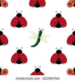 Seamless pattern with ladybug, dragonfly and butterfly on white background. Set with butterflies and ladybird. Collection of summer insects. Design wallpaper print for children room. 