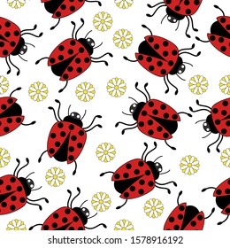Seamless pattern ladybug flower on white background