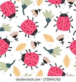seamless pattern with ladybug, flowers, decor elements. summer colorful vector for kids, flat style. Baby design for fabric, textile, print, wrapper.