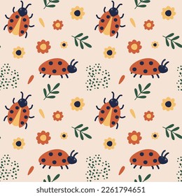 Seamless pattern with ladybug, flowers and leaves. An insect crawls among flowering plants. Vector illustration in cartoon style.