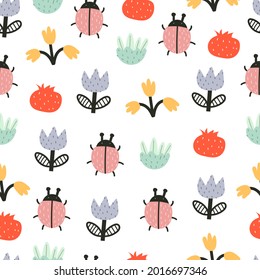 seamless pattern with ladybug, flowers. summer colorful vector for kids, flat style. Baby design for fabric, textile, print, wrapper.