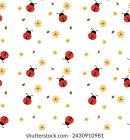 Seamless pattern ladybug with flowers. Vector illustration ladybird, flat style. Floral background with insect.