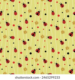 Seamless pattern with ladybug and flowers. Vector illustration