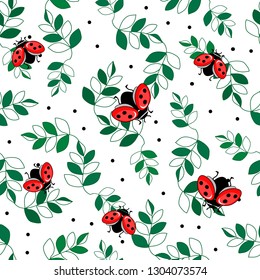 Seamless pattern with ladybug and green leaves on a white background. Abstract silhouette of a ladybug. Beautiful design for wallpapers, fabrics, posters.