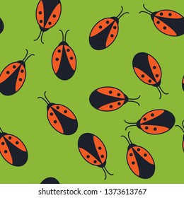 Seamless pattern with ladybug. Ladybird on a green background. Vector illustration.