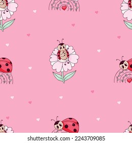 Seamless pattern with ladybug on flower and on rainbow on pink background with hearts. Vector illustration. Endless background for kids collection, valentines day, decor, design, packaging, wallpaper