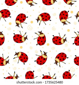 Seamless pattern with a ladybug on a white background. Vector illustration with ladybug. Design of packaging paper for children. Printing on fabrics, clothing, and dresses. Doodle style. 