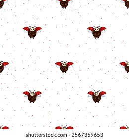 Seamless pattern with ladybug on white background with a small pot. Flat red Ladybugs on white repeating background with black spots. Cute summer bug animal kids design. Good for print, wrapping
