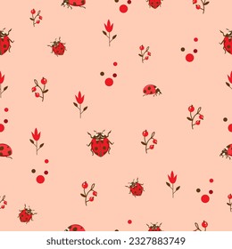 Seamless pattern of ladybug with red flowers