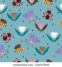 Seamless pattern with ladybugs, bees, butterflies, tulips and dots on a green background. Seamless vector illustration of sweet and lovely garden insects.