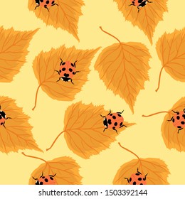 Seamless pattern with ladybugs and birch leaves. Vector graphics