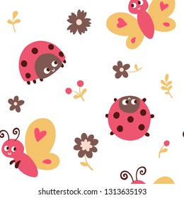 Seamless pattern with Ladybugs, Butterflies, Flowers and Berries