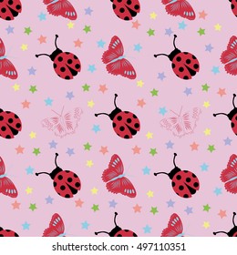 Seamless pattern with ladybugs and butterflies. Stylish beautiful baby seamless pattern. Background for gift wrapping. Decoration fabric. Wallpaper design.