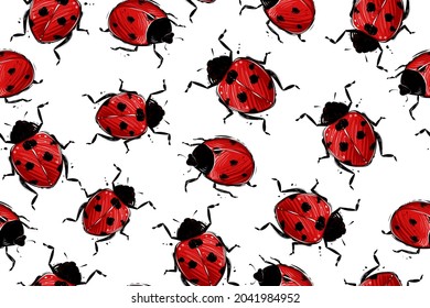 Seamless pattern of ladybugs, color, vector illustration