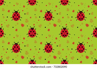 Seamless pattern with ladybugs flat on background. Vector texture illustration