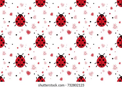 Seamless pattern with ladybugs flat on background. Vector texture illustration