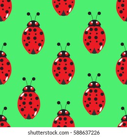 seamless pattern ladybugs in a flat style on a green background, vector illustration